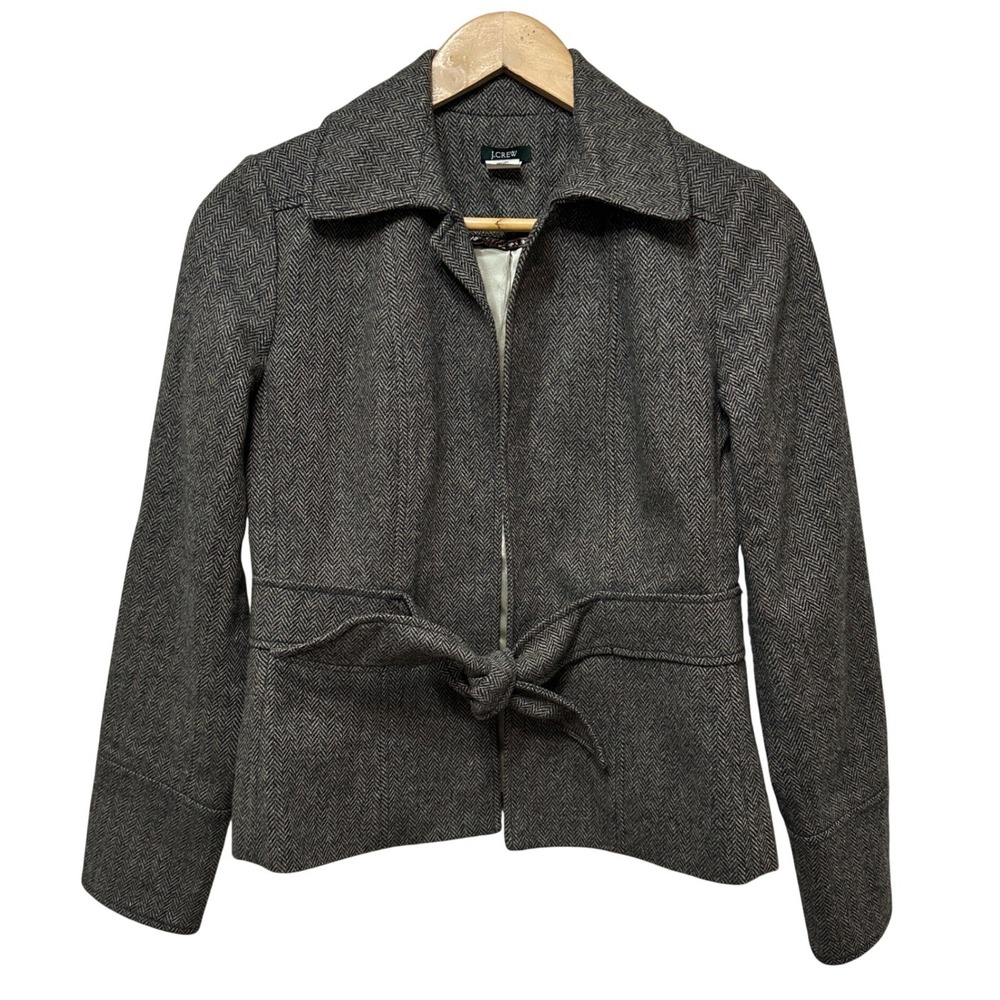 J.Crew Herringbone Crop Blazer Womens‎ 4 Wool Tie Waist Tweed Academica Preppy